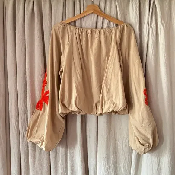 Anthropologie Neutral Tan Cotton Balloon Sleeve Cord Appliqué Boho Top NWT S - Picture 3 of 7